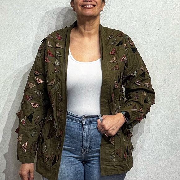 Green Quilted Handmade Vintage Open Front Jacket Sz M - Picture 1 of 9